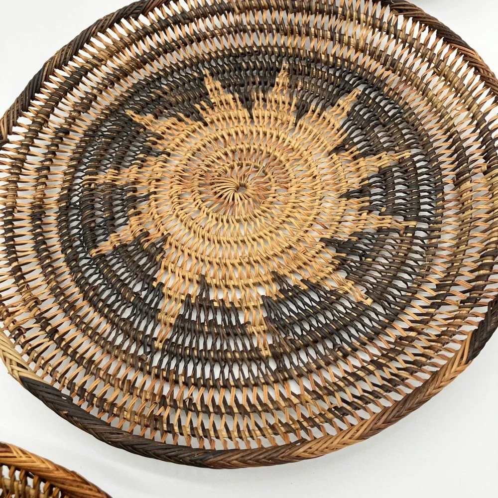 Vintage Woven Rattan Plate Chargers 12 Inch Brown Sunburst Wall Decor Set of 6